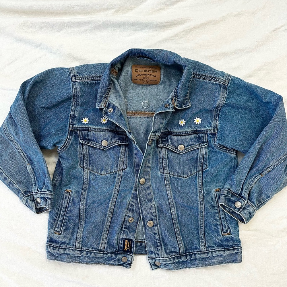 Vintage OshKosh Girls Daisy Denim Trucker Jacket Size 7X Girls Embroidered